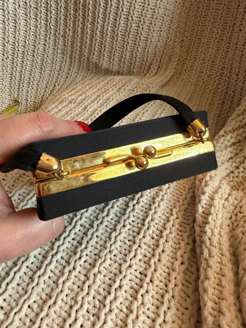 Vintage Black Vanity Compact Purse Mirror Powder Case Floral Bird Gold Tone